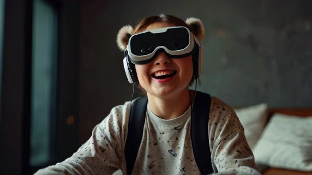 A young girl is smiling with her eyes closed while wearing a virtual reality headset.