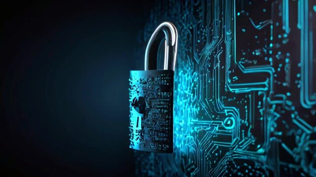 A blue padlock on a black background with a circuit board pattern.