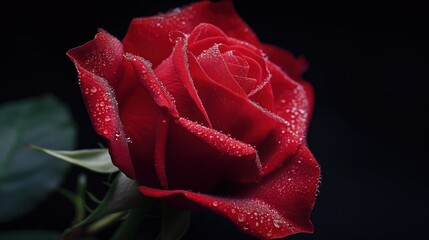 detailed close-up of red rose flower with water droplets black background