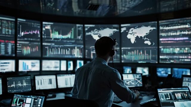 Man Monitoring Data and Charts on Multiple Screens in a Security Operations Center