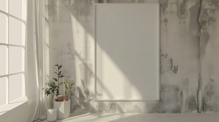 Mockup image of a minimalist empty room with an empty frame leaning against a concrete wall