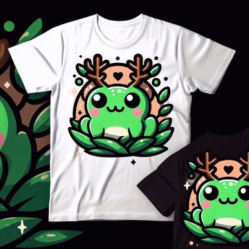T-shirt design, cute kawaii frog with deer antlers seeting on aleaf, vector illustration.