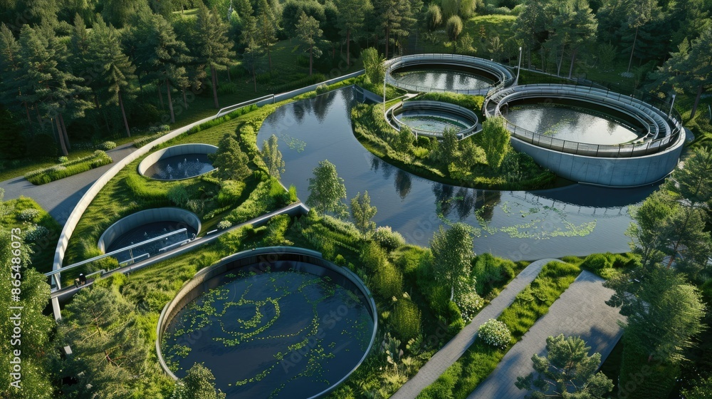 Poster series of ponds with trees surrounding them. the ponds are connected by a walkway