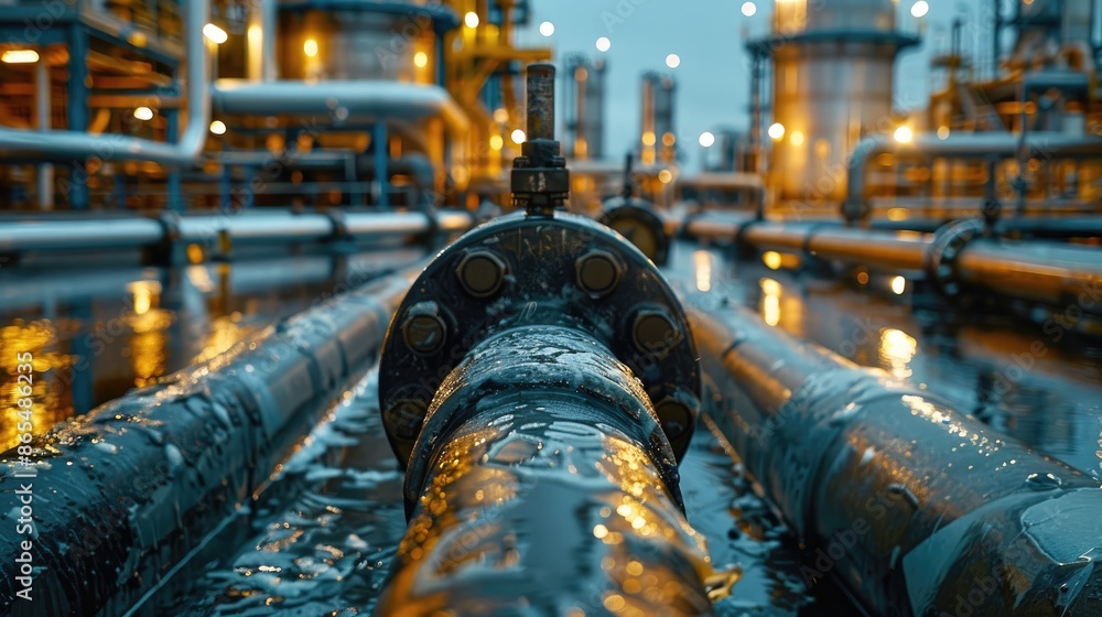 Poster pipe with a valve on it is surrounded by other pipes. concept of industrial activity and the importa
