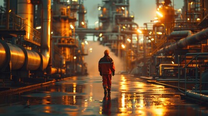 Man in a red jacket walks through a factory with a yellowish glow. The scene is industrial and the man is wearing a hard hat
