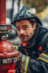 Fototapeta premium Portrait of a European firefighter checking the pressure on a fire hydrant, high detail, photorealistic, bright lighting, focused expression