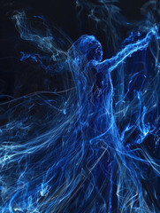 Abstract Blue Figure in Motion - A blue figure, made of swirling, abstract lines, appears to dance or move against a black background.