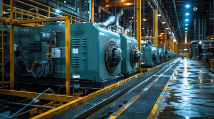 Factory with many large green machines. The machines are in a row and are surrounded by yellow metal. The scene is industrial and has a sense of order and organization
