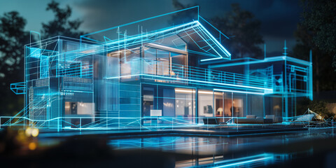 Fototapeta premium Haus holographische Zeichnung Technologie Drahtgitter 3D Model Darstellung