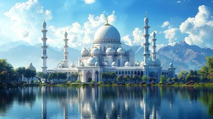 Naklejka premium a beautiful mosque near garden and lake