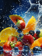 Water Splashing on a Pile of Fresh Fruit - A vibrant mix of fresh fruit, including watermelon, strawberries, oranges, and blueberries, is splashed with water creating a dynamic scene.