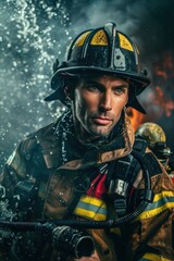 Fototapeta premium Portrait of an American firefighter team practicing rescue techniques with fire hoses, high quality photo, photorealistic, energetic atmosphere, studio lighting