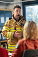 Obraz premium Portrait of a European firefighter explaining fire safety procedures to office workers, high detail, photorealistic, engaging atmosphere, bright environment