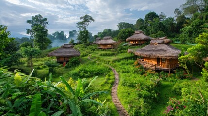 A lush green field with a path leading to a row of small houses. The houses are made of straw and have thatched roofs. The scene is peaceful and serene