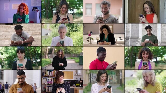 A vibrant multiscreen display featuring 16 individuals from different ethnic backgrounds, including a majority of Caucasians and several Africans, all engaged in texting on their smartphones.