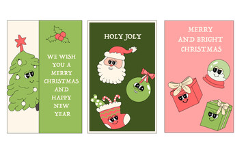 Vertical xmas banner with groovy character. Christmas groovy character with y2k elements poster or greeting card. Happy New Year and Christmas Template in retro style.