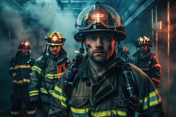 Obraz premium Portrait of an American firefighter team performing a mock rescue at a fire station, high quality photo, photorealistic, energetic atmosphere, studio lighting
