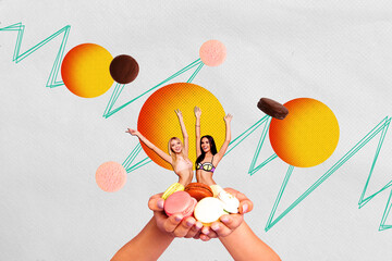 Composite trend artwork collage of huge hand hold miniature silhouette two young lady sexy attractive hello gesture macaroon tasty sweet