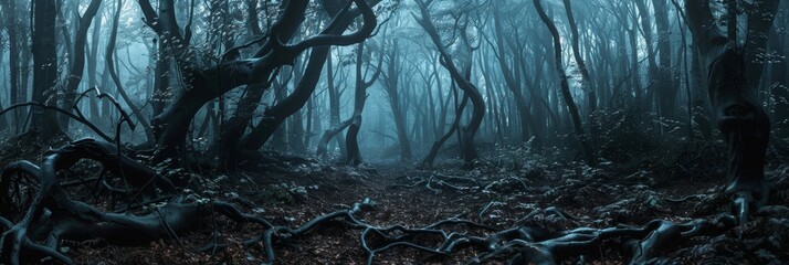 Dark scary forest, tangled vines and roots covering the ground, distant howls echoing