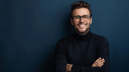 Obraz premium Attractive man in glasses on dark blue background. 