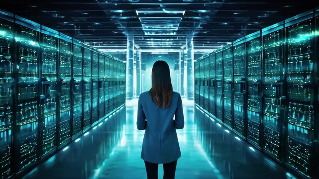 Woman utilizing cutting-edge technology embedded with advanced metadata for futuristic applications