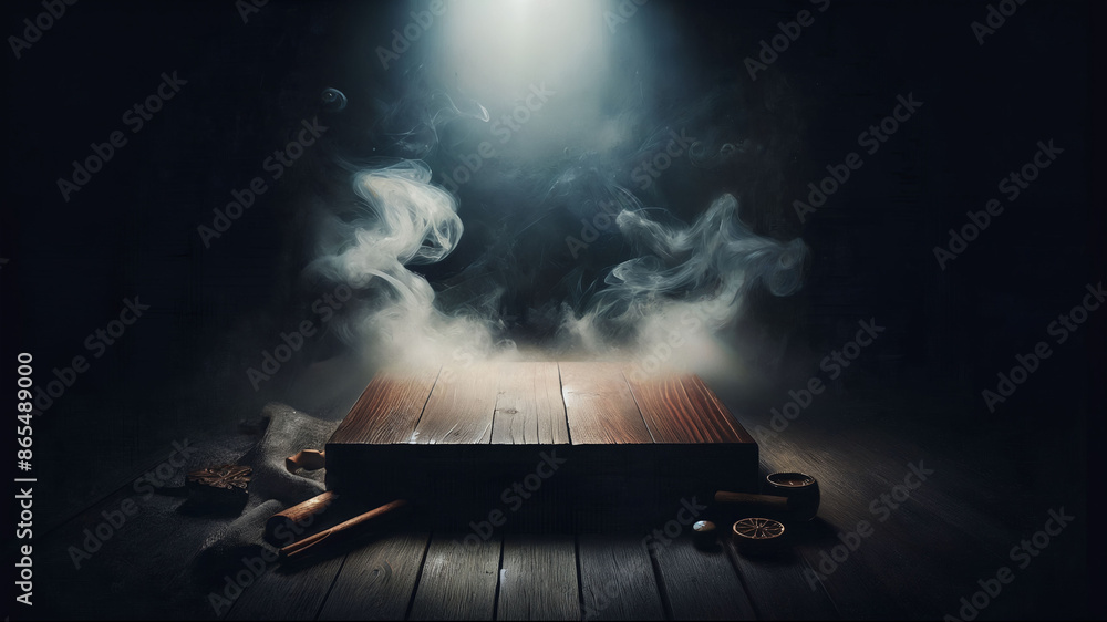 Poster dark background with empty wood table and smoke, spot light from top, for product display