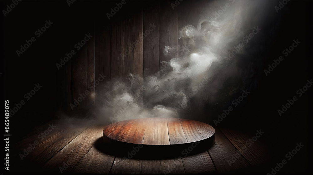 Poster dark background with empty wood table and smoke, spot light from top, for product display