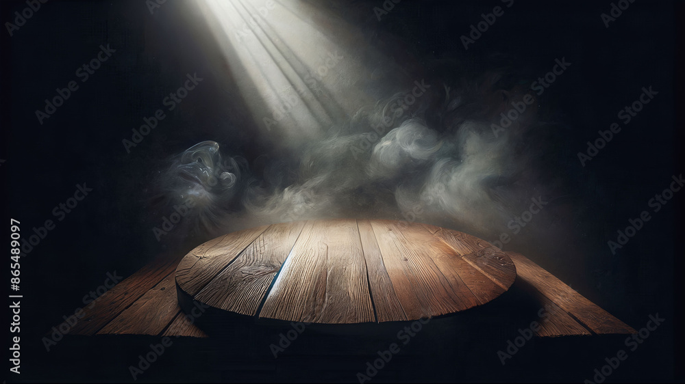 Aufkleber dark background with empty wood table and smoke, spot light from top, for product display
