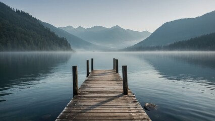 A serene wooden dock stretches into a misty mountain lake, creating a tranquil, nature-filled atmosphere perfect for outdoor relaxation and peaceful retreats.