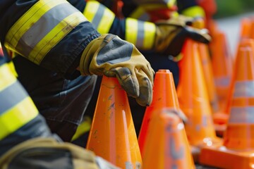 Obraz premium Close-up of a firefighter's hands arranging safety cones, high detail, photorealistic, precise action, well-lit setting