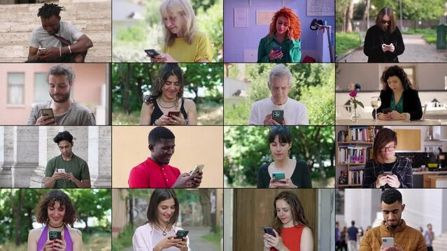 A multiscreen display showing 16 individuals from various ethnic backgrounds, predominantly Caucasians and Africans, all engaged in texting on their smartphones, showcasing digital communication.