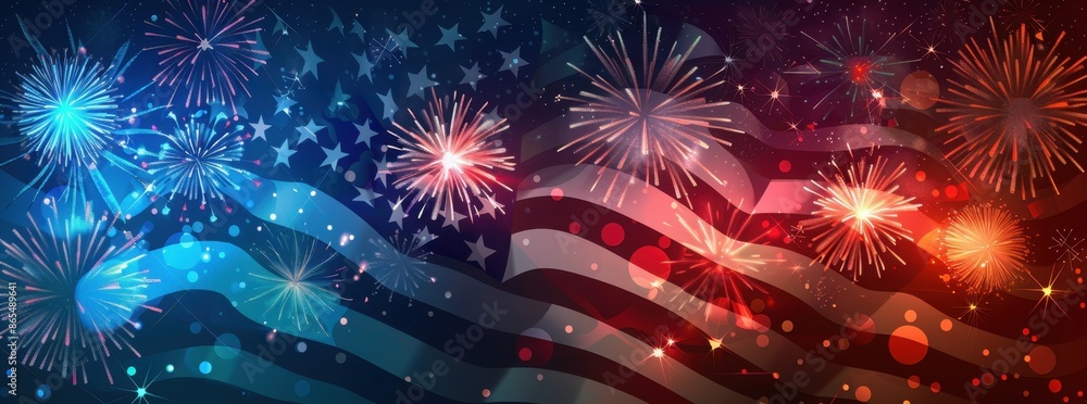 Poster fireworks display with usa flag in the background dark blue and red tones, bright colors generative 