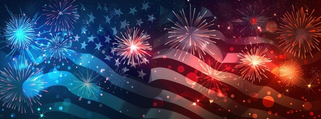 Fireworks display with USA flag in the background  dark blue and red tones, bright colors Generative AI