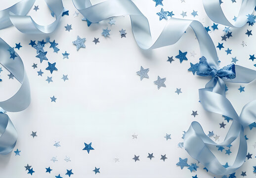 Minimalistic background for Jewish holiday Hanukkah with blue and white ribbons