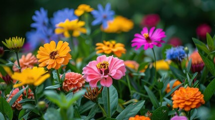 A closeup of a backyard flower patch with a mix of seasonal flowers in various stages of bloom