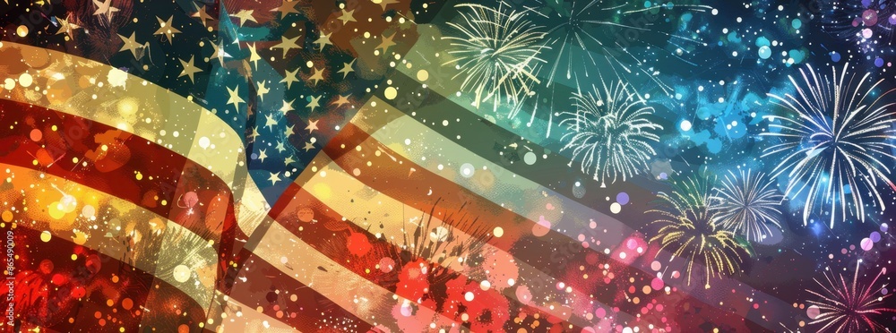 Wall mural  Independence Day was filled with vibrant fireworks and the American flag in the background Generative AI