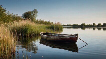 Obraz premium A tranquil scene of a rustic wooden boat floating on a calm lake surrounded by reeds and greenery, perfect for nature photography, relaxation, and outdoor escape.