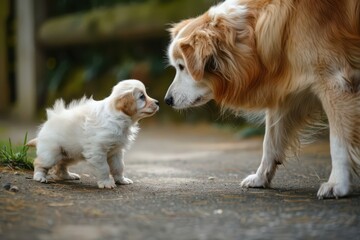 Adorable Puppy and Adult Dog Nose to Nose in Outdoor Setting - Heartwarming Pet Interaction