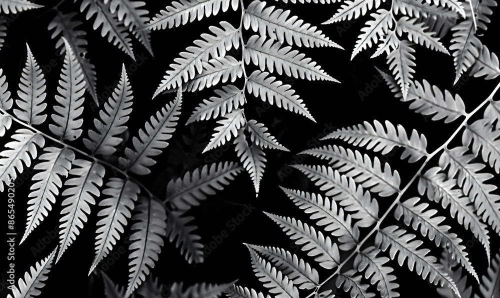 Poster ferns in black and white, a close-up of delicate fronds with intricate patterns, set against an abst