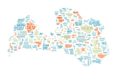 Obraz premium Latvia Word Cloud. Country shape with region division. Latvia typography style image. Region names tag clouds. Vector illustration.