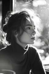 Black and white portrait of a woman in a cafe, backlighting from the window, concept for promoting the cafe on social networks