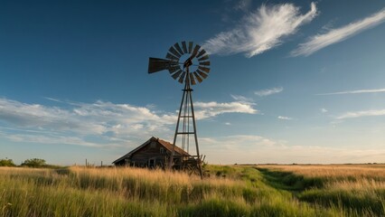 An old windmill and barn stand in an open, grassy field under a blue sky with fluffy clouds, capturing a serene, rustic countryside landscape.