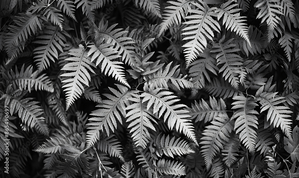 Poster ferns in black and white, a close-up of delicate fronds with intricate patterns, set against an abst