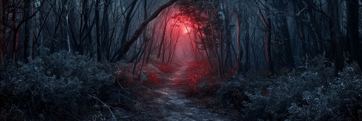 Dark scary forest, narrow path with thorny bushes on either side, ominous red glow in the distance