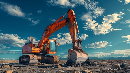 Large excavator on construction site on a sunny day with blue sky and fluffy clouds.
