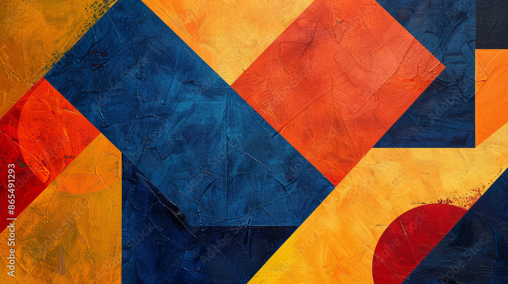 Wall mural Deep blue, orange-red, & yellow-orange Suprematism art background 