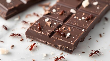 Red ants on chocolate, cheese, and sugar, showcasing their attraction to various food items.