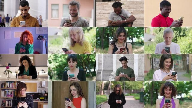 A vibrant multiscreen display featuring 16 individuals from various ethnic backgrounds, including a majority of Caucasians and several Africans, all texting on their smartphones.