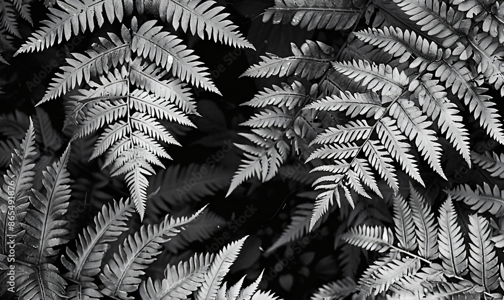 Poster ferns in black and white, a close-up of delicate fronds with intricate patterns, set against an abst