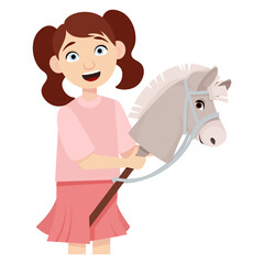 Cute little smiling girl interested in hobbyhorsing with toy horse head